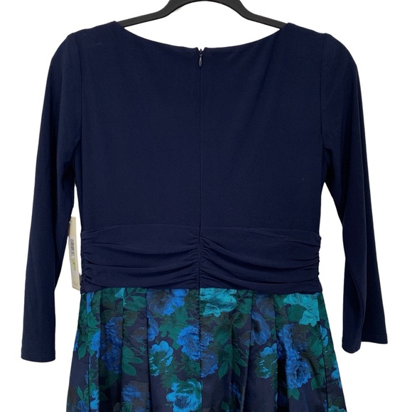 Eliza J Dress Womens Sz 4 Small Navy Blue Green Floral Fall Wedding Event Modest - Picture 5 of 10